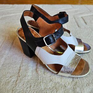 Chie Mihara Block Heel Sandals Sz 6.5/37 EUR Black White Silver